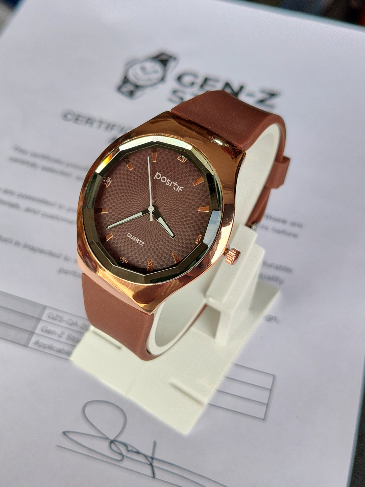 Positif Luxury Brown Quartz Watch - Octagonal Rose Gold Bezel with Silicone Strap for Men/Unisex
