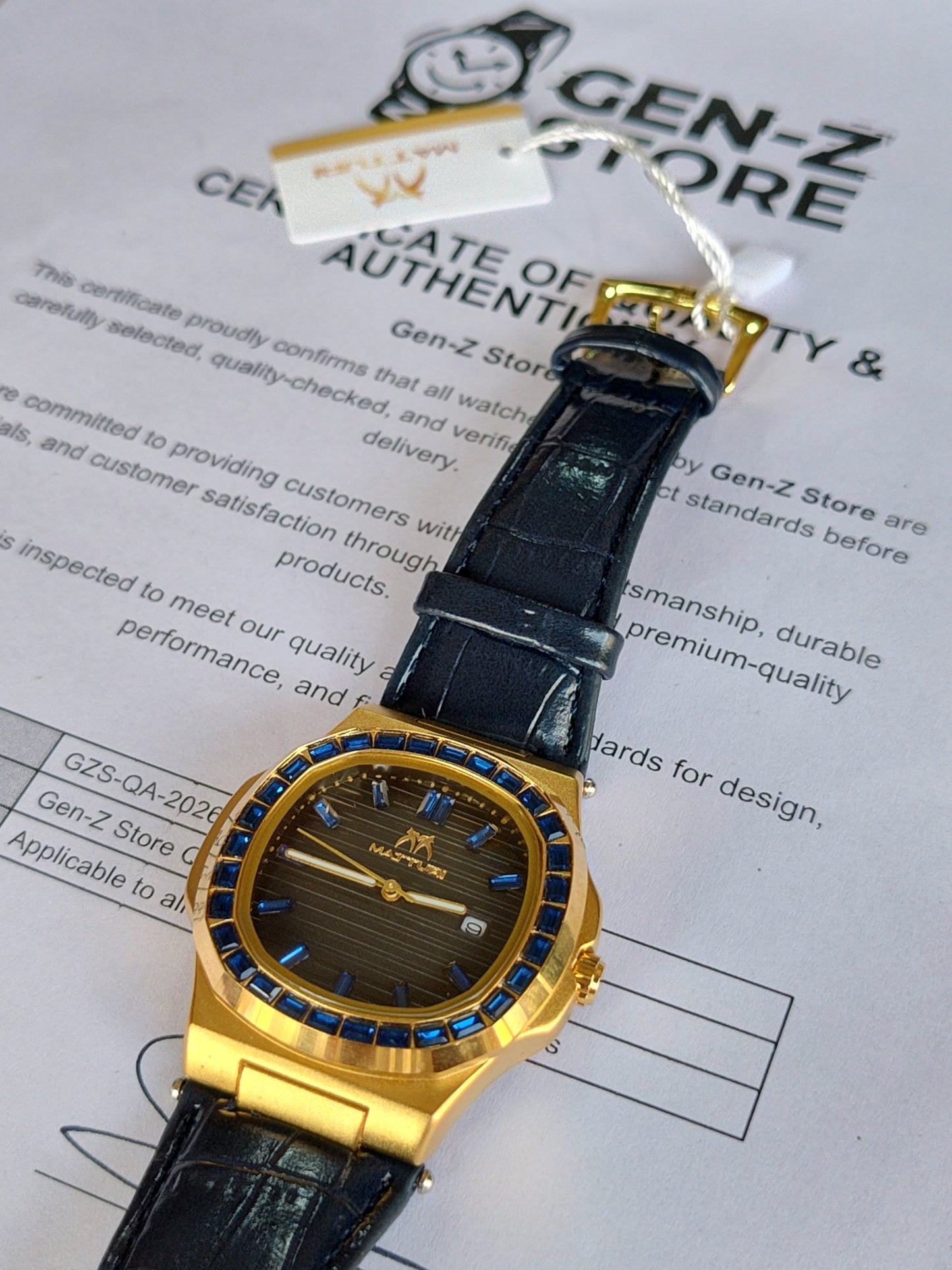 Mattugi Luxury Baguette Blue Crystal Bezel Watch - Gold Case with Premium Black Leather Strap