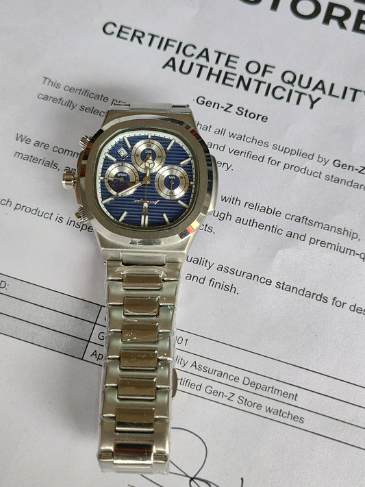 Sporty Blue Textured Dial Chronograph Watch - Silver Stainless Steel Bracelet