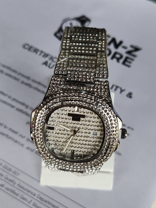 Iced-Out Luxury Crystal Pave Watch - Silver Tone Bling Design for Men