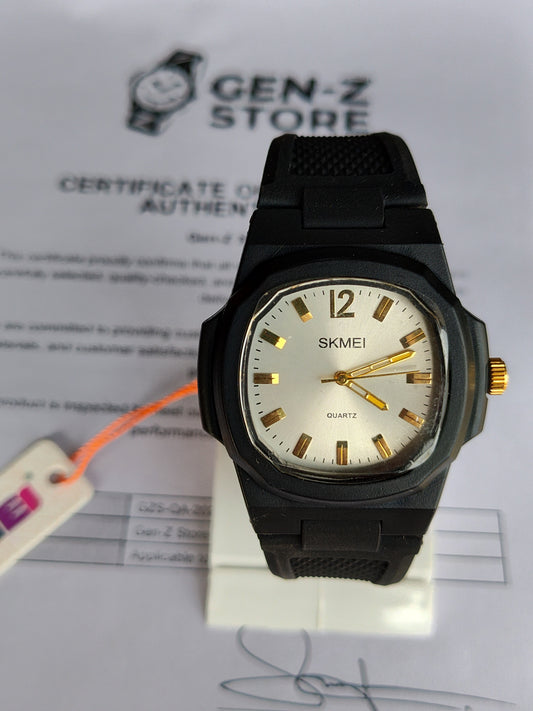 SKMEI Minimalist Casual Watch - Octagonal Matte Black Case with White Dial