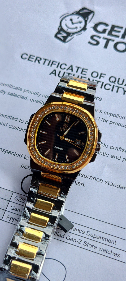RW Quartz Watch with Diamond-Encrusted Bezel – Black Dial & Gold Accents