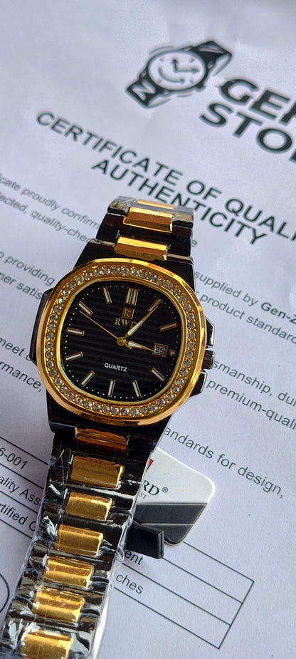 RW Quartz Watch with Diamond-Encrusted Bezel – Black Dial & Gold Accents