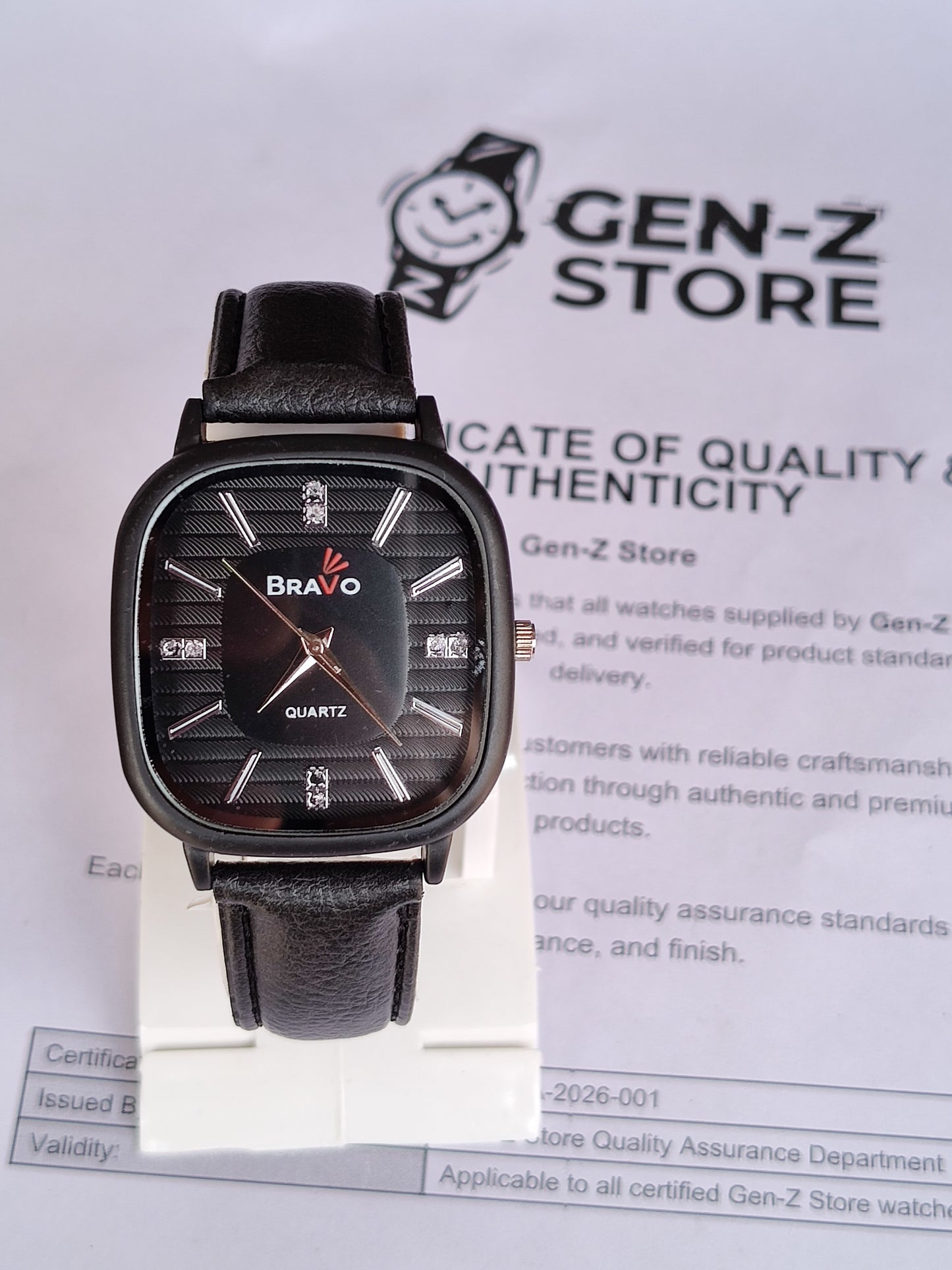 Bravo All-Black Edition – Square Dial Quartz Watch with Black Leather Strap