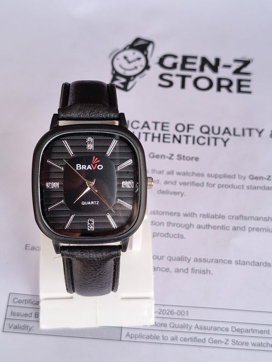 Bravo All-Black Edition – Square Dial Quartz Watch with Black Leather Strap