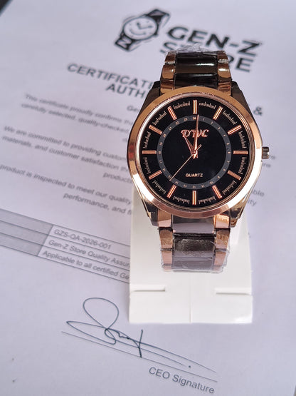 DYC Premium Quartz Analog Watch - Rose Gold and Black Stainless Steel Finish