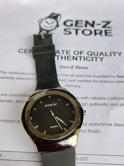 Positif Quartz Men’s Watch – Minimalist Black Dial with Rubber Strap
