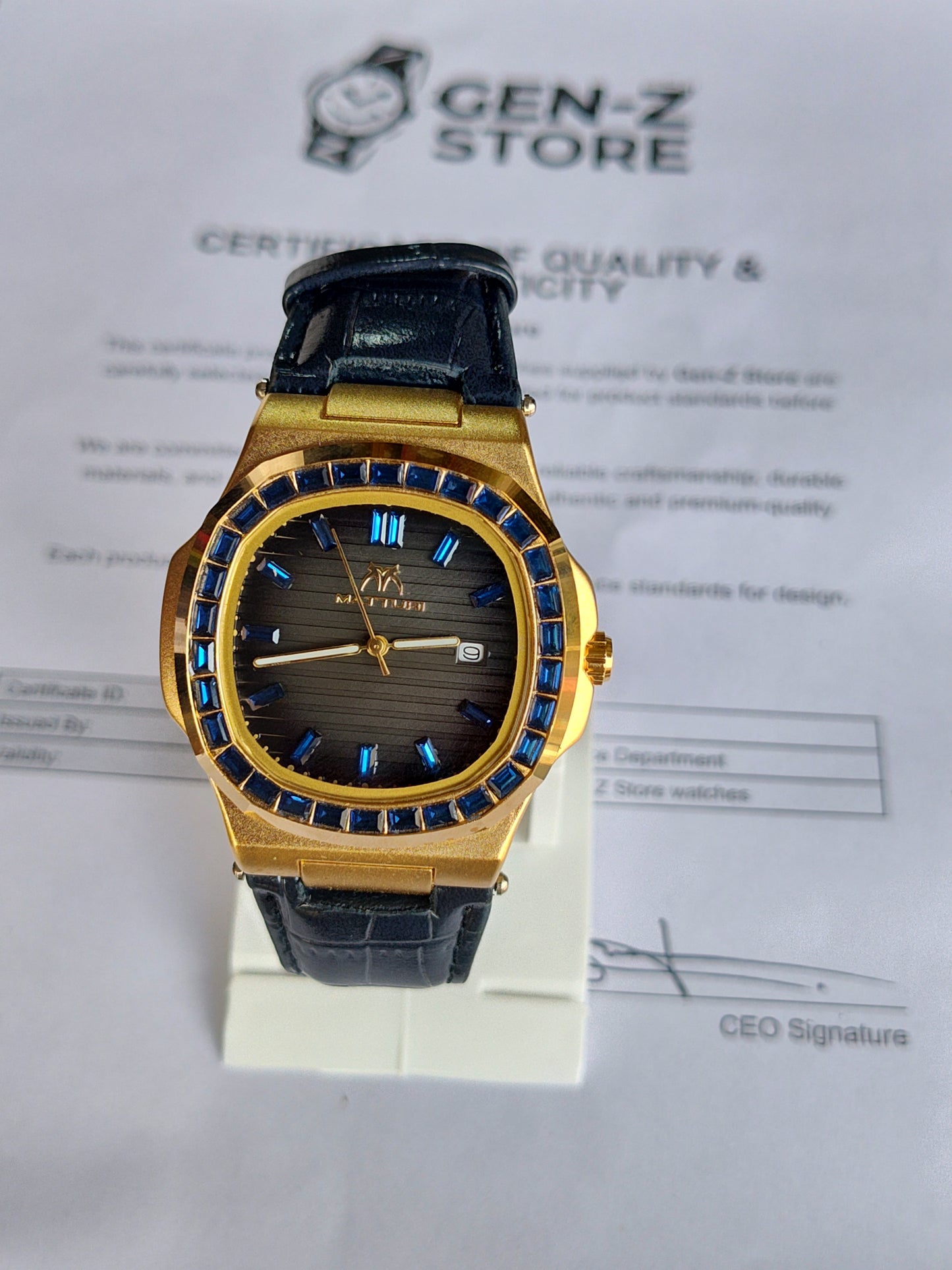 Mattugi Luxury Baguette Blue Crystal Bezel Watch - Gold Case with Premium Black Leather Strap