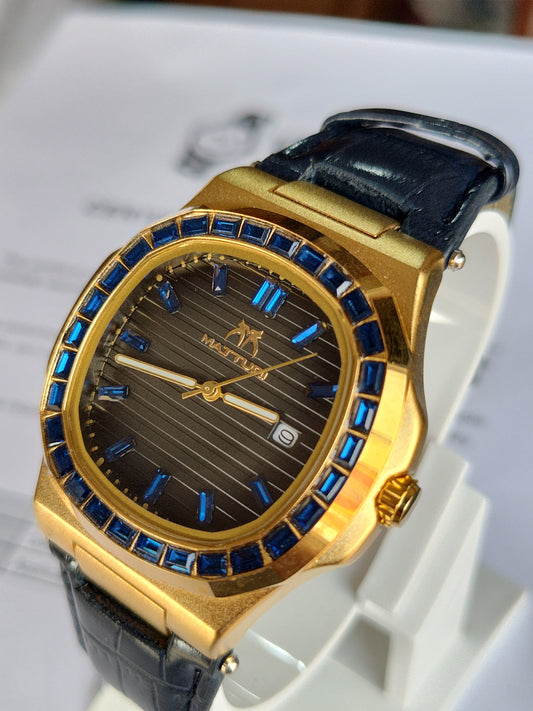 Mattugi Luxury Baguette Blue Crystal Bezel Watch - Gold Case with Premium Black Leather Strap