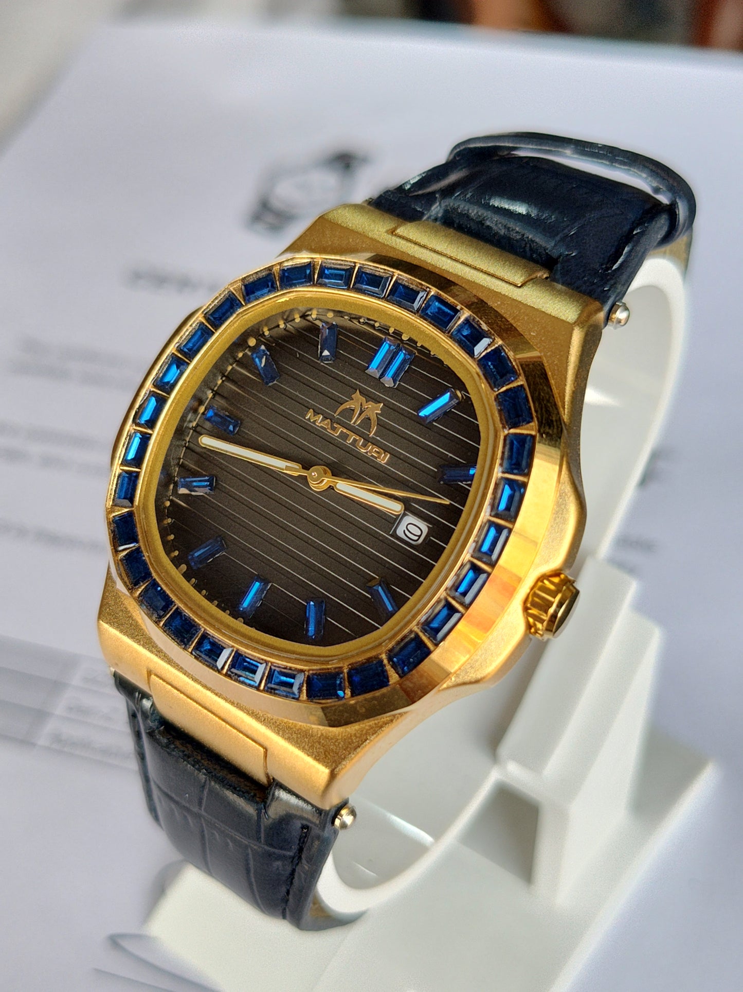 Mattugi Luxury Baguette Blue Crystal Bezel Watch - Gold Case with Premium Black Leather Strap