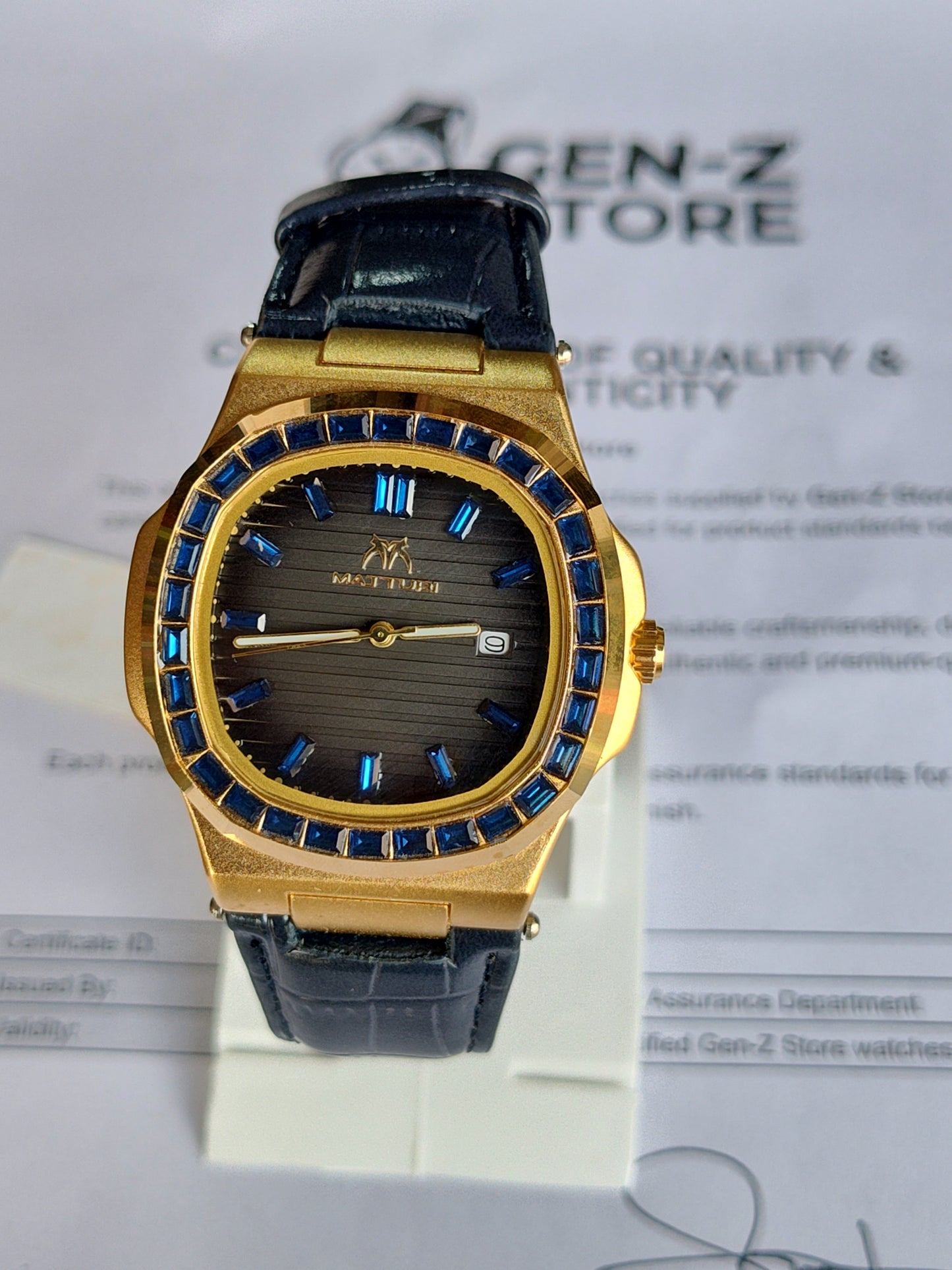 Mattugi Luxury Baguette Blue Crystal Bezel Watch - Gold Case with Premium Black Leather Strap