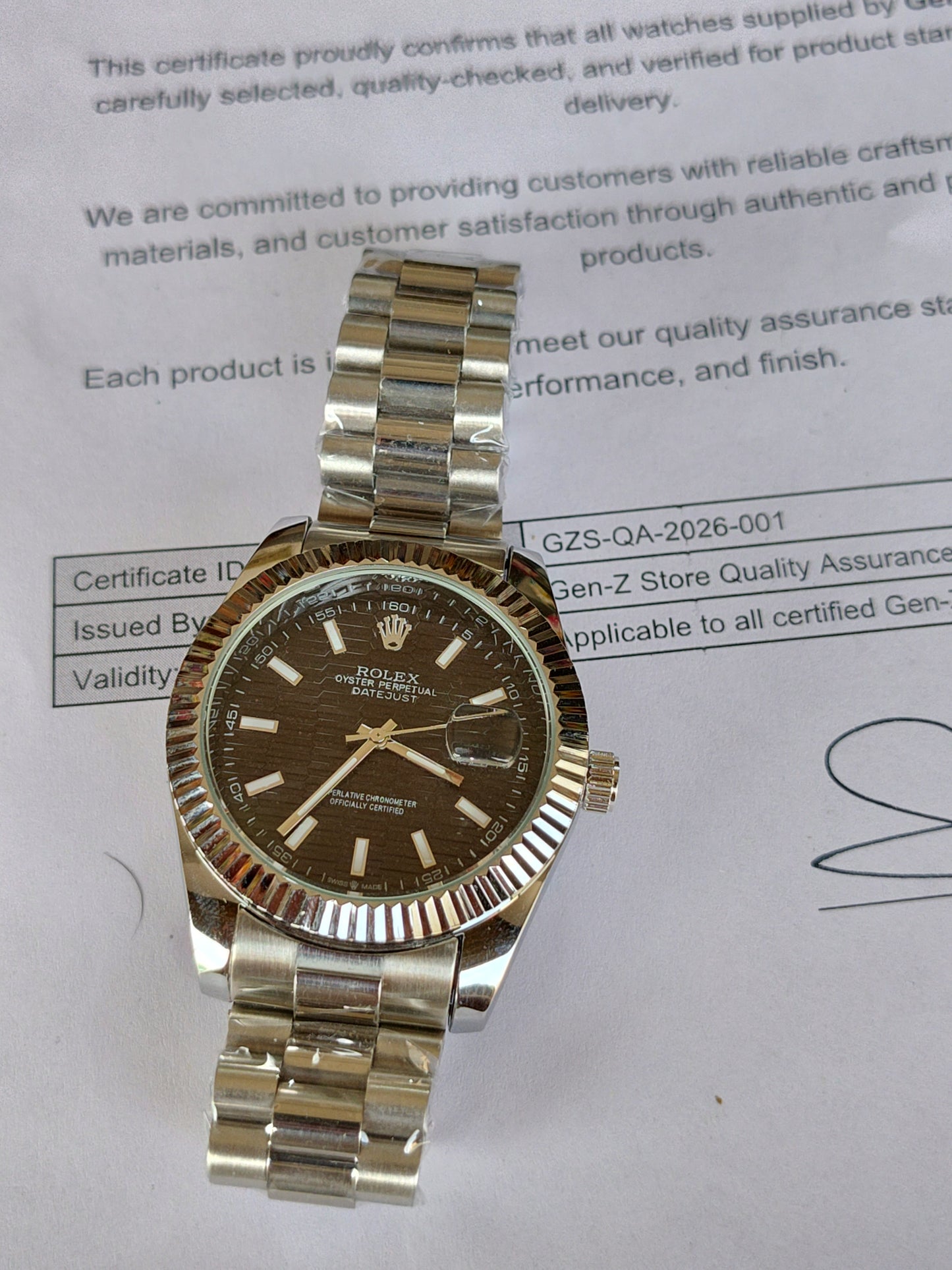 Rolex Inspired Datejust Silver Watch - Chocolate Brown Dial with Fluted Bezel for Men