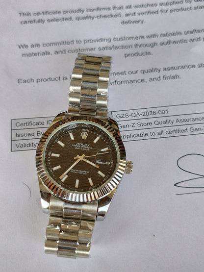 Rolex Inspired Datejust Silver Watch - Chocolate Brown Dial with Fluted Bezel for Men