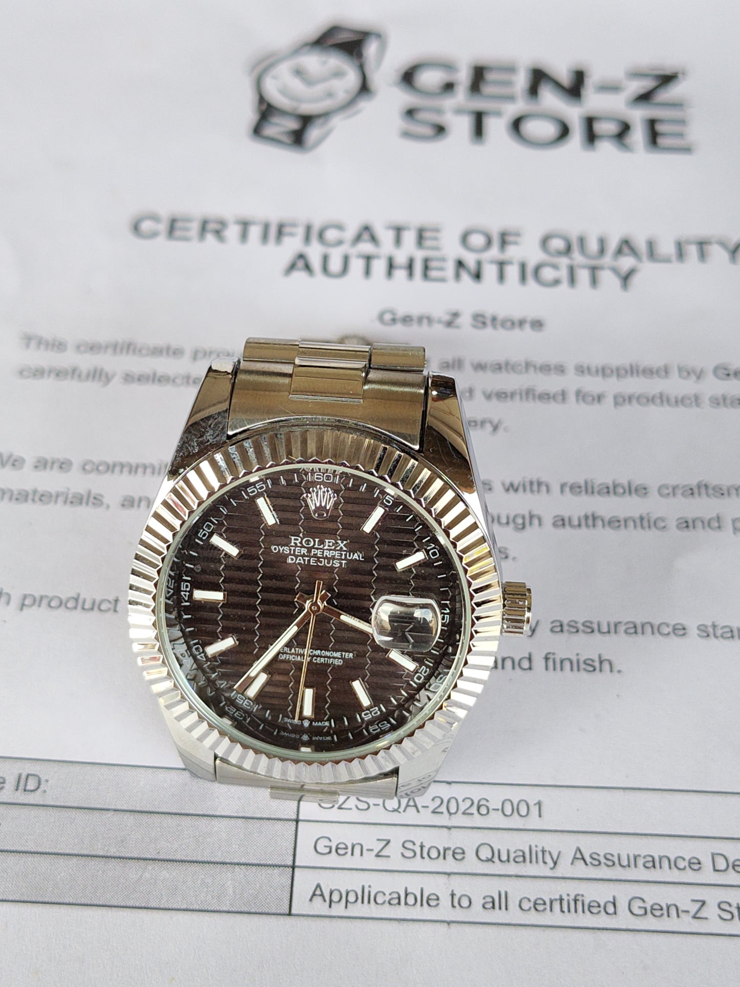 Rolex Inspired Datejust Silver Watch - Chocolate Brown Dial with Fluted Bezel for Men