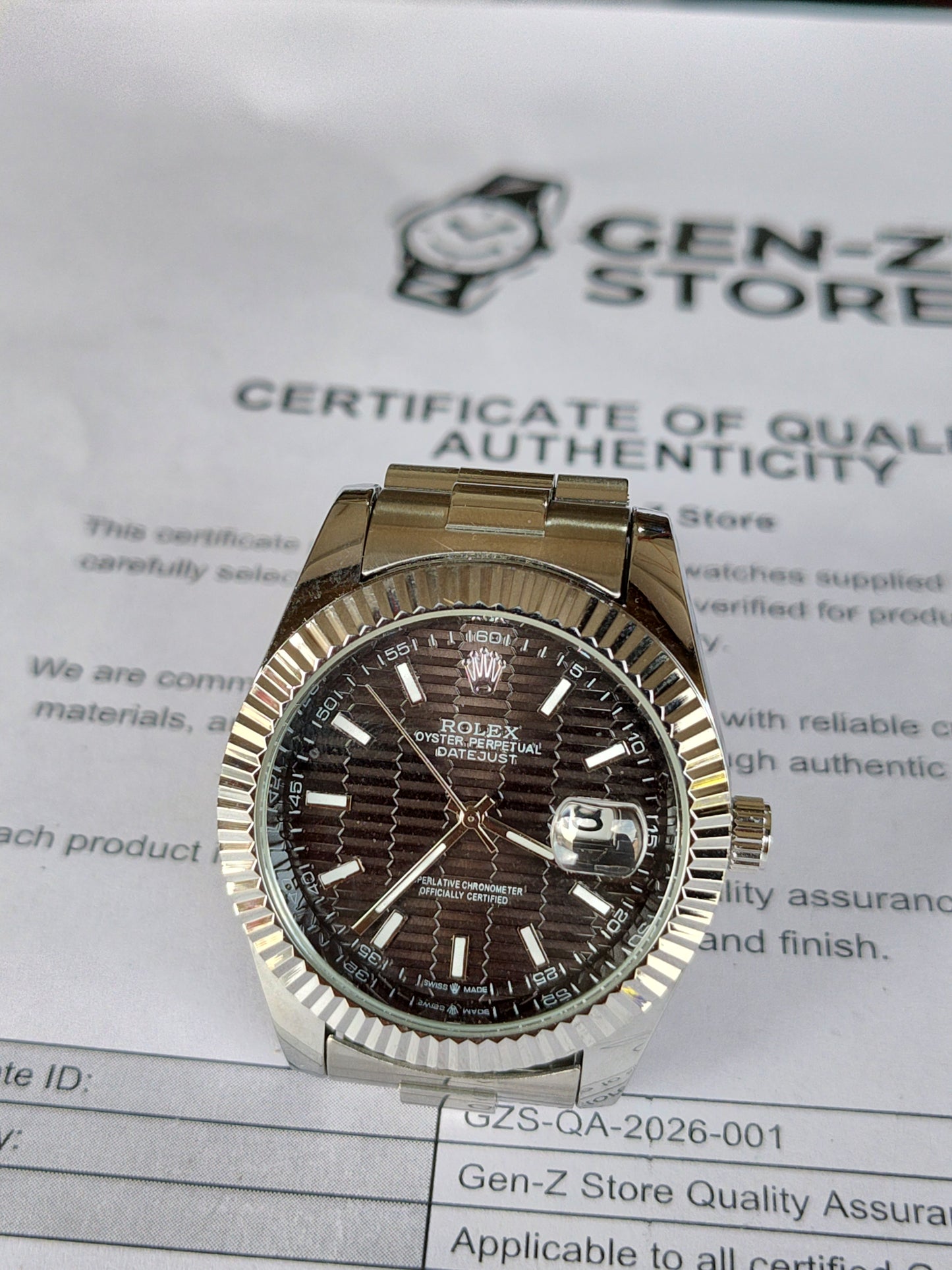 Rolex Inspired Datejust Silver Watch - Chocolate Brown Dial with Fluted Bezel for Men