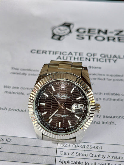 Rolex Inspired Datejust Silver Watch - Chocolate Brown Dial with Fluted Bezel for Men