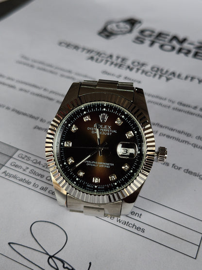 Rolex Inspired Datejust Silver Watch - Chocolate Brown Dial with Fluted Bezel for Men
