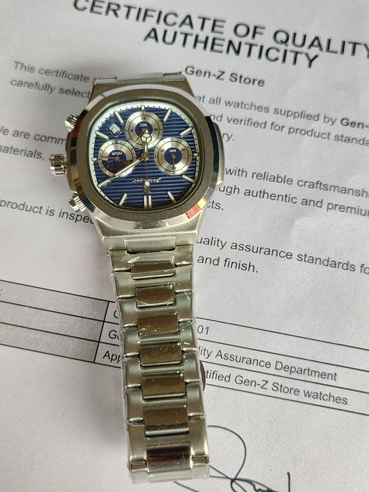 Sporty Blue Textured Dial Chronograph Watch - Silver Stainless Steel Bracelet