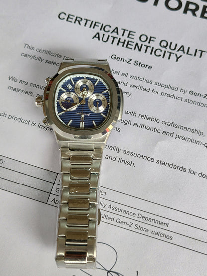 Sporty Blue Textured Dial Chronograph Watch - Silver Stainless Steel Bracelet