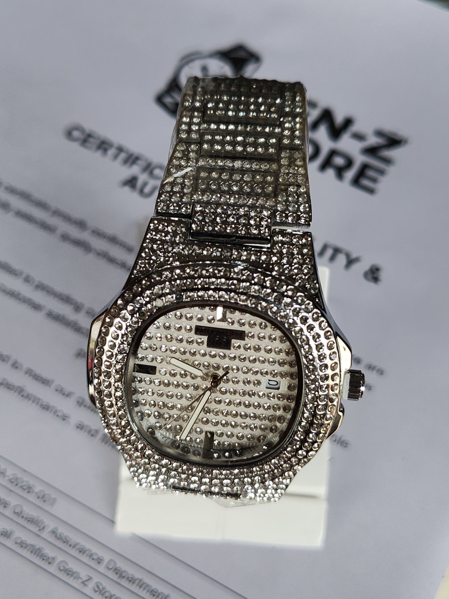 Iced-Out Luxury Crystal Pave Watch - Silver Tone Bling Design for Men