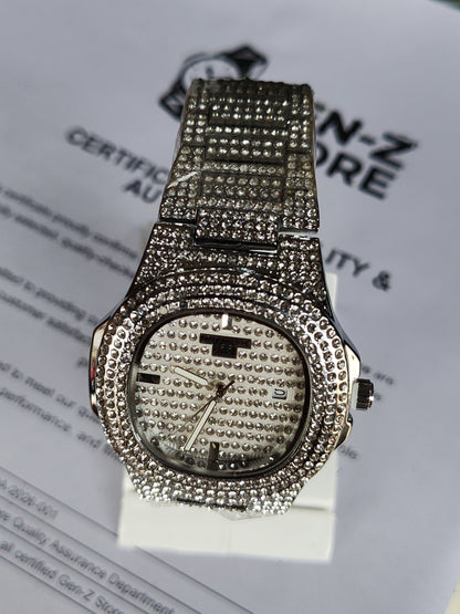 Iced-Out Luxury Crystal Pave Watch - Silver Tone Bling Design for Men