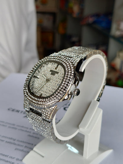 Iced-Out Luxury Crystal Pave Watch - Silver Tone Bling Design for Men