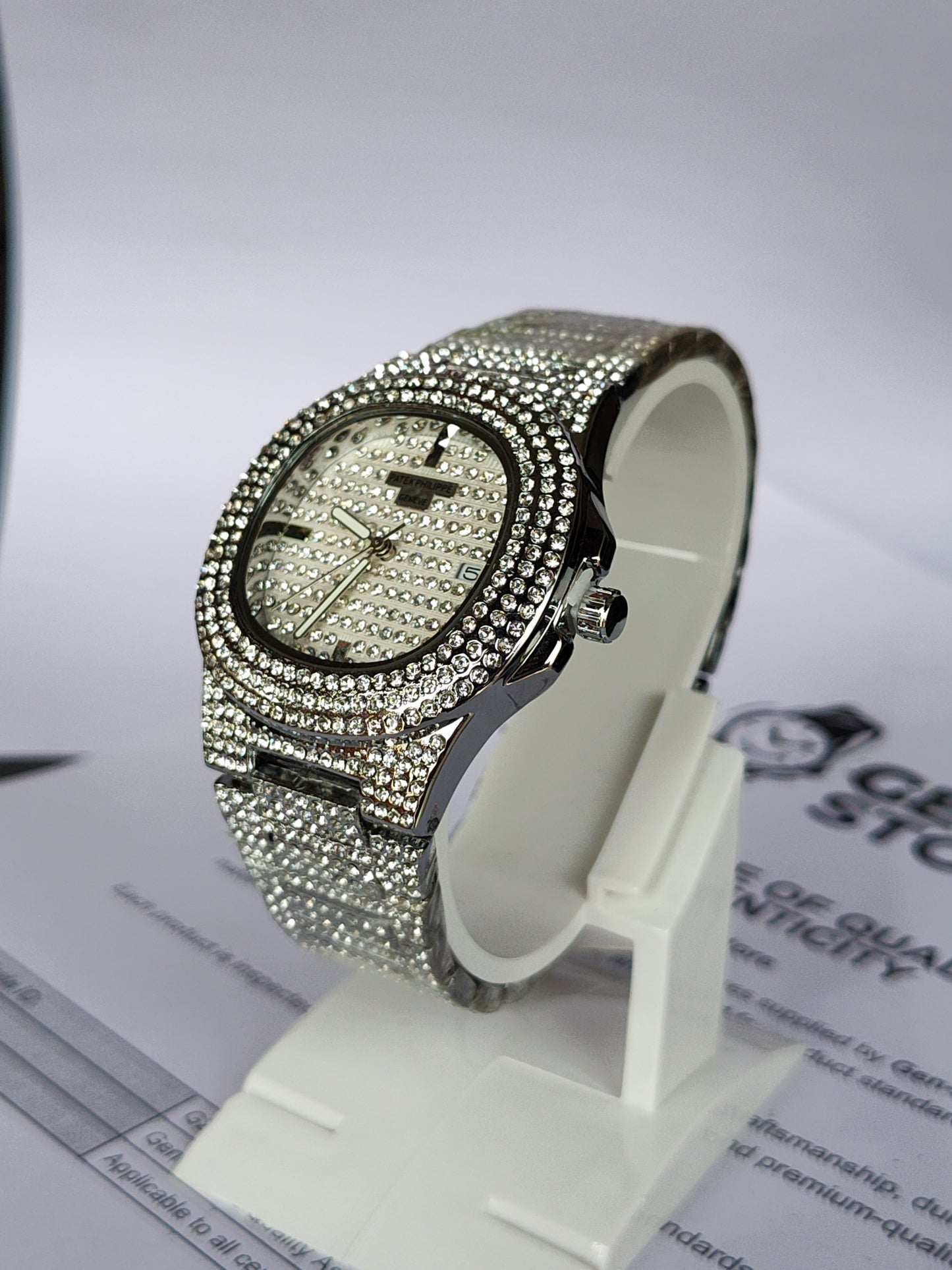 Iced-Out Luxury Crystal Pave Watch - Silver Tone Bling Design for Men