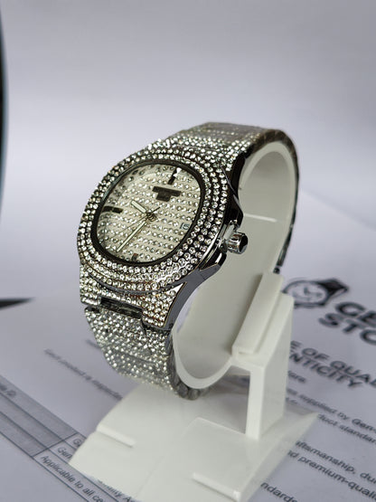 Iced-Out Luxury Crystal Pave Watch - Silver Tone Bling Design for Men