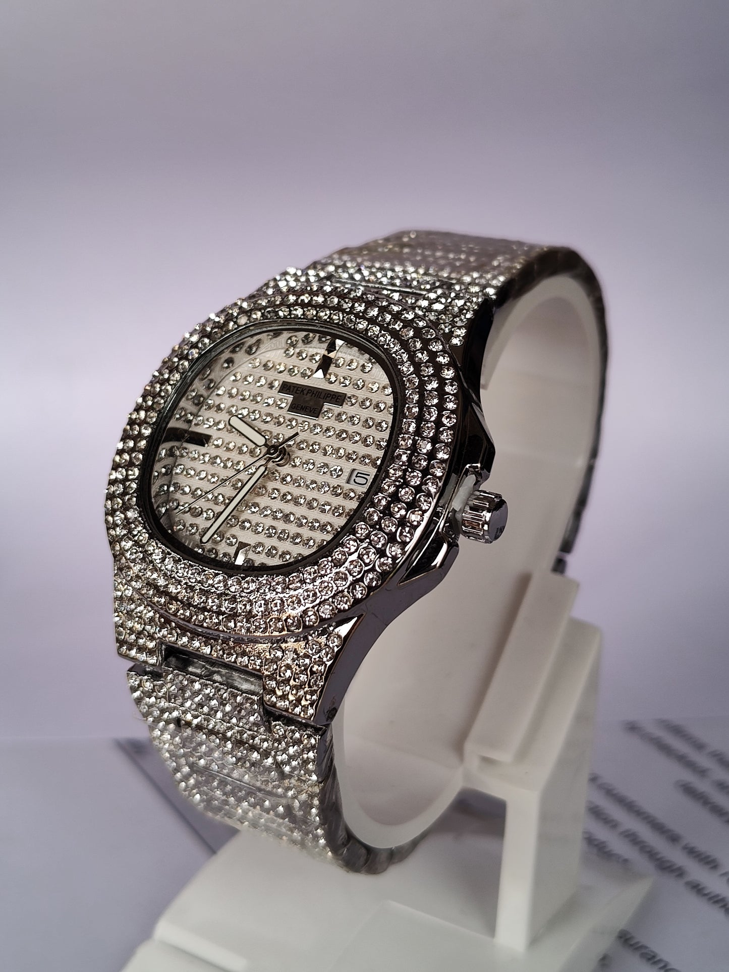 Iced-Out Luxury Crystal Pave Watch - Silver Tone Bling Design for Men