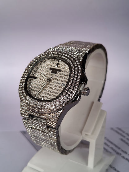 Iced-Out Luxury Crystal Pave Watch - Silver Tone Bling Design for Men