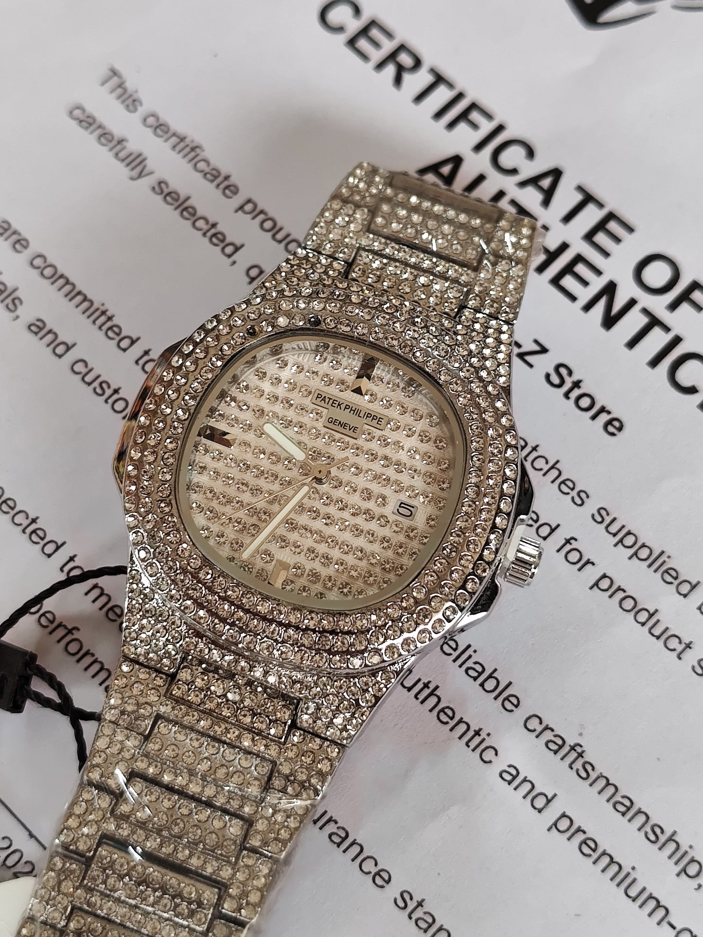 Iced-Out Luxury Crystal Pave Watch - Silver Tone Bling Design for Men