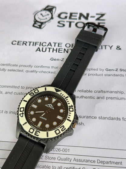 Alpha Sport Diver Watch - Matte Black Case with Contrast White Bezel & Silicone Strap