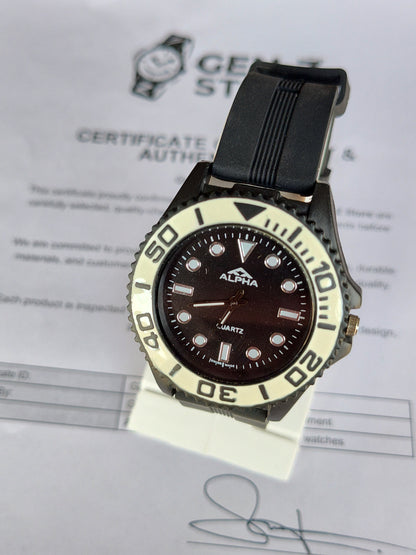 Alpha Sport Diver Watch - Matte Black Case with Contrast White Bezel & Silicone Strap