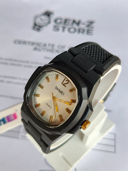 SKMEI Minimalist Casual Watch - Octagonal Matte Black Case with White Dial