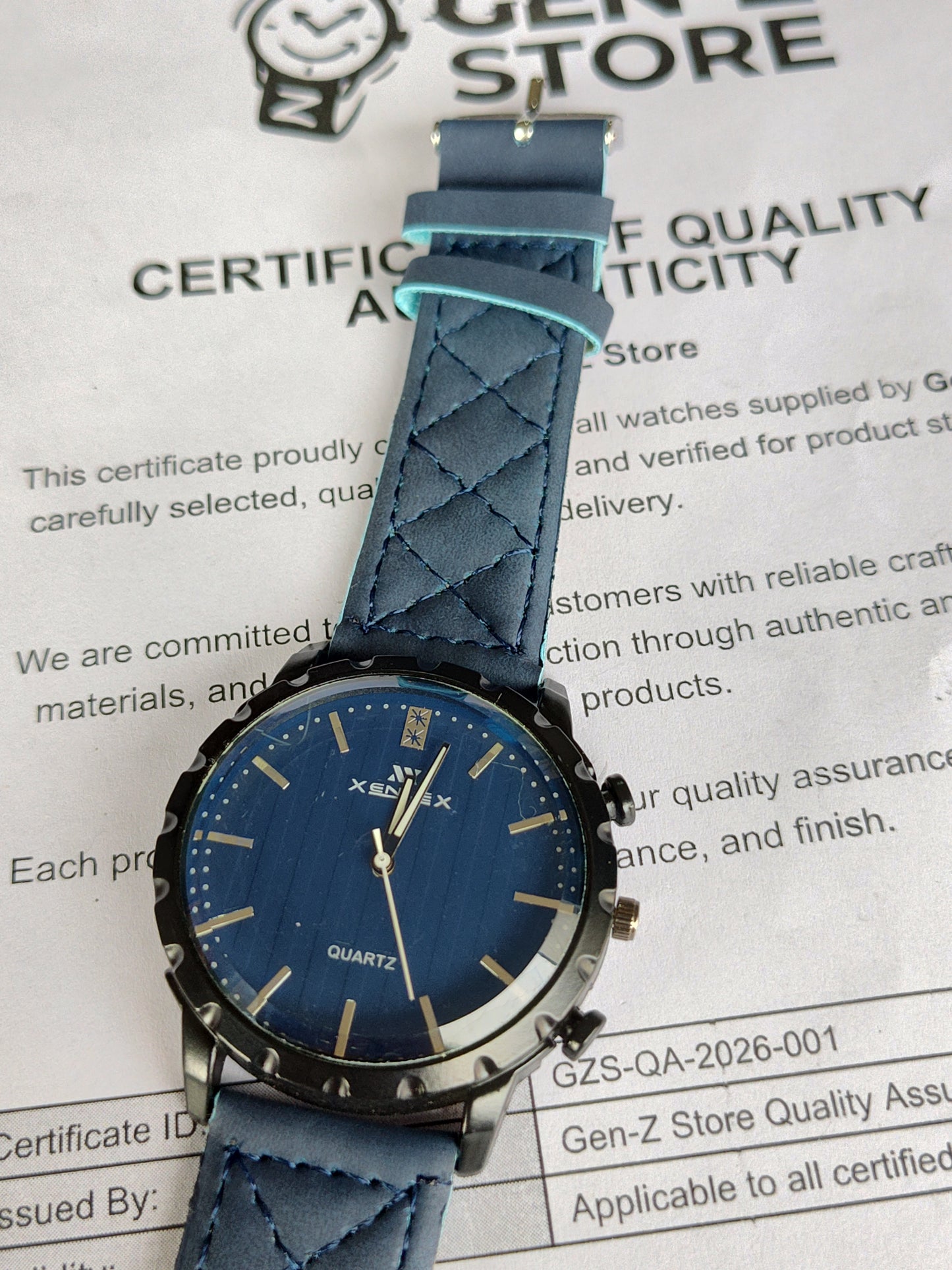 Xenex Sporty Blue Quartz Watch - Notched Bezel with Quilted Leather-Style Strap