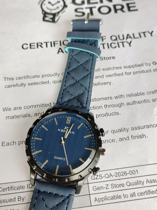 Xenex Sporty Blue Quartz Watch - Notched Bezel with Quilted Leather-Style Strap