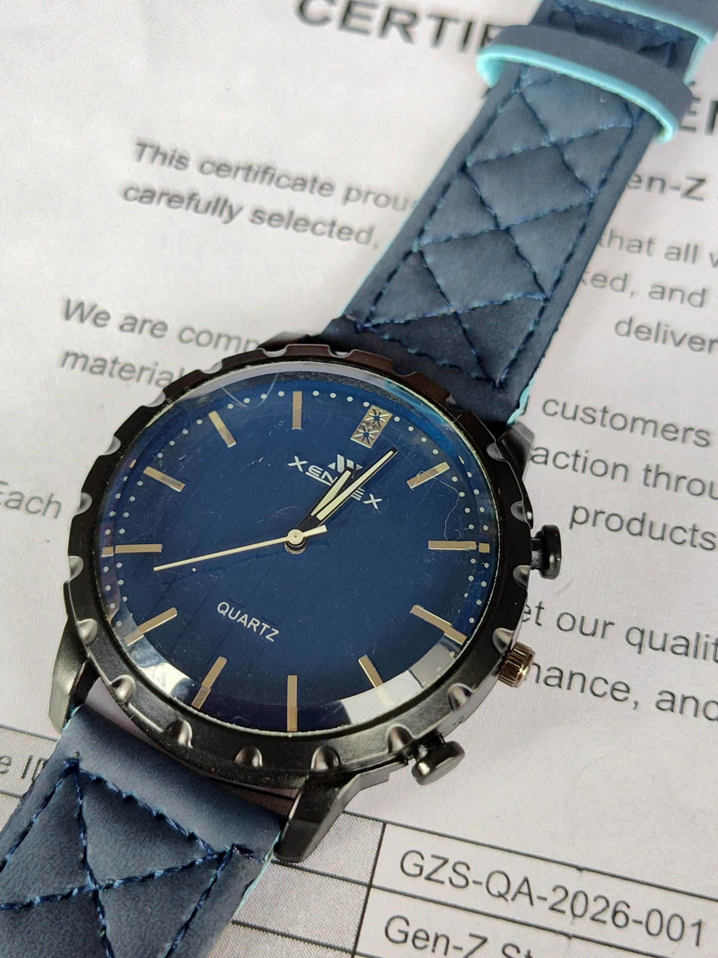 Xenex Sporty Blue Quartz Watch - Notched Bezel with Quilted Leather-Style Strap