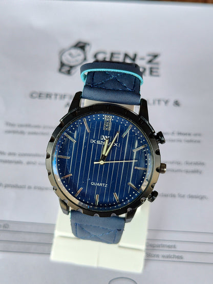 Xenex Sporty Blue Quartz Watch - Notched Bezel with Quilted Leather-Style Strap