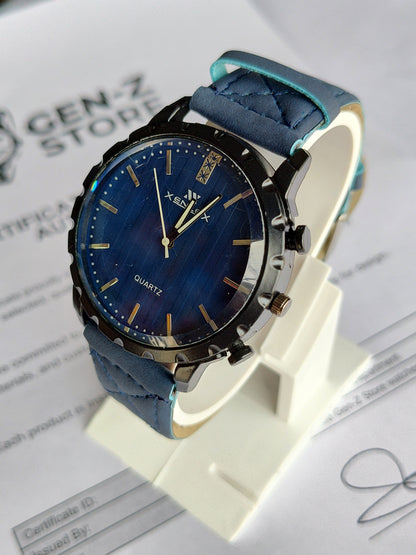 Xenex Sporty Blue Quartz Watch - Notched Bezel with Quilted Leather-Style Strap