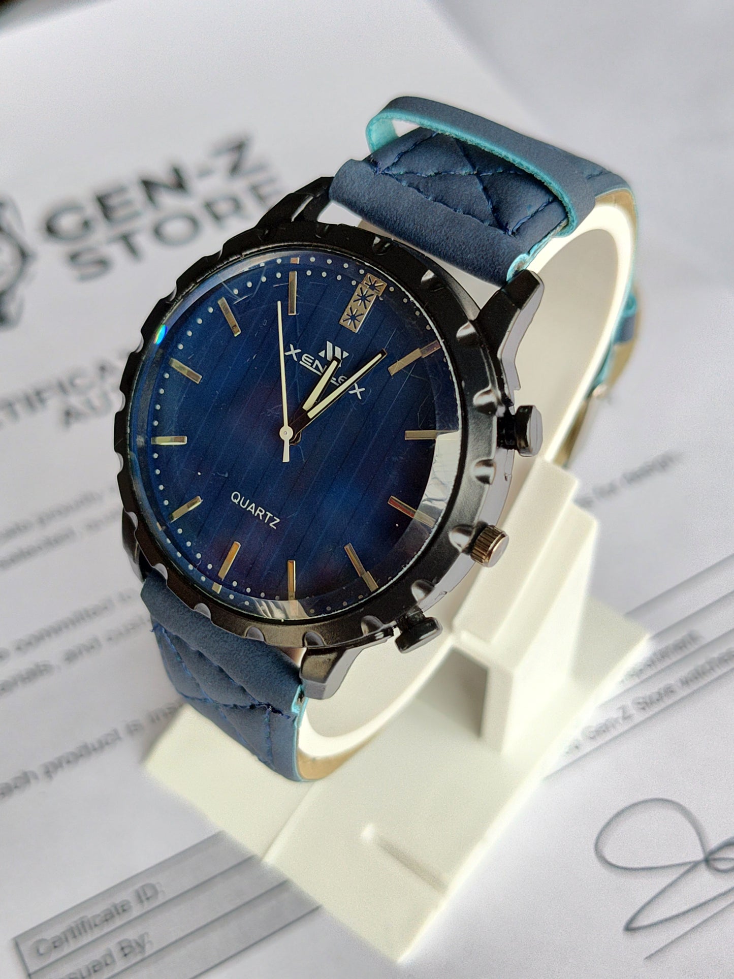 Xenex Sporty Blue Quartz Watch - Notched Bezel with Quilted Leather-Style Strap