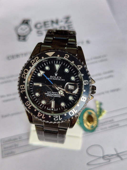 GMT-Master II Inspired Luxury Watch - Full Black Edition with Blue GMT Hand