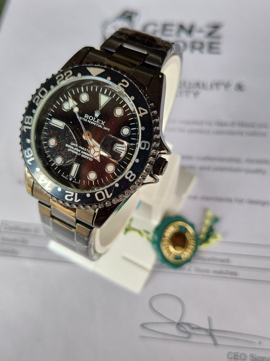 GMT-Master II Inspired Luxury Watch - Full Black Edition with Blue GMT Hand