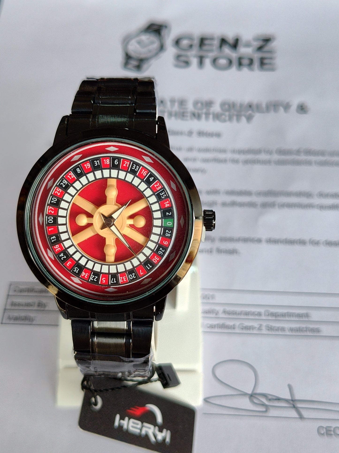 Heryi Roulette Wheel Design Watch – Unique Casino Style Dial with Black Metal Strap