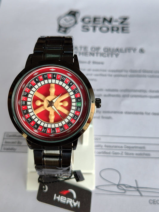 Heryi Roulette Wheel Design Watch – Unique Casino Style Dial with Black Metal Strap