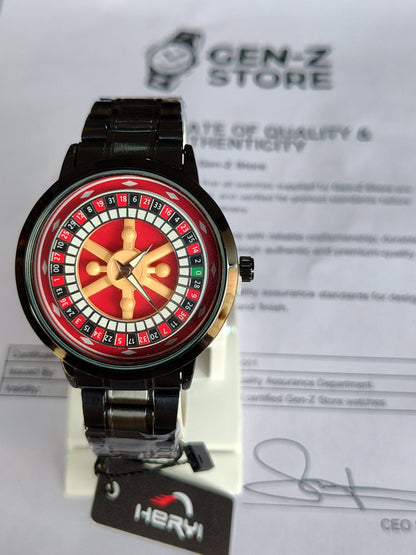 Heryi Roulette Wheel Design Watch – Unique Casino Style Dial with Black Metal Strap