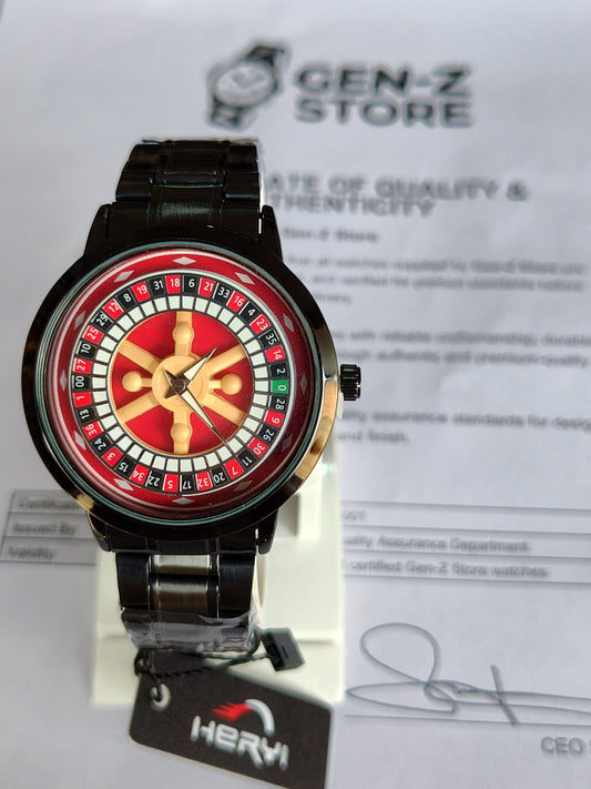 Heryi Roulette Wheel Design Watch – Unique Casino Style Dial with Black Metal Strap