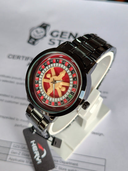 Heryi Roulette Wheel Design Watch – Unique Casino Style Dial with Black Metal Strap