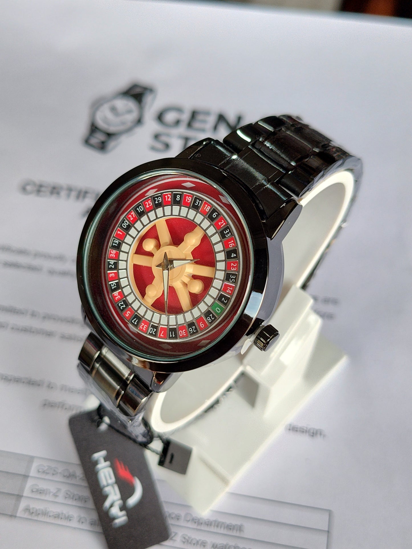 Heryi Roulette Wheel Design Watch – Unique Casino Style Dial with Black Metal Strap
