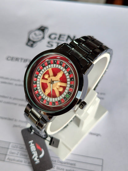 Heryi Roulette Wheel Design Watch – Unique Casino Style Dial with Black Metal Strap