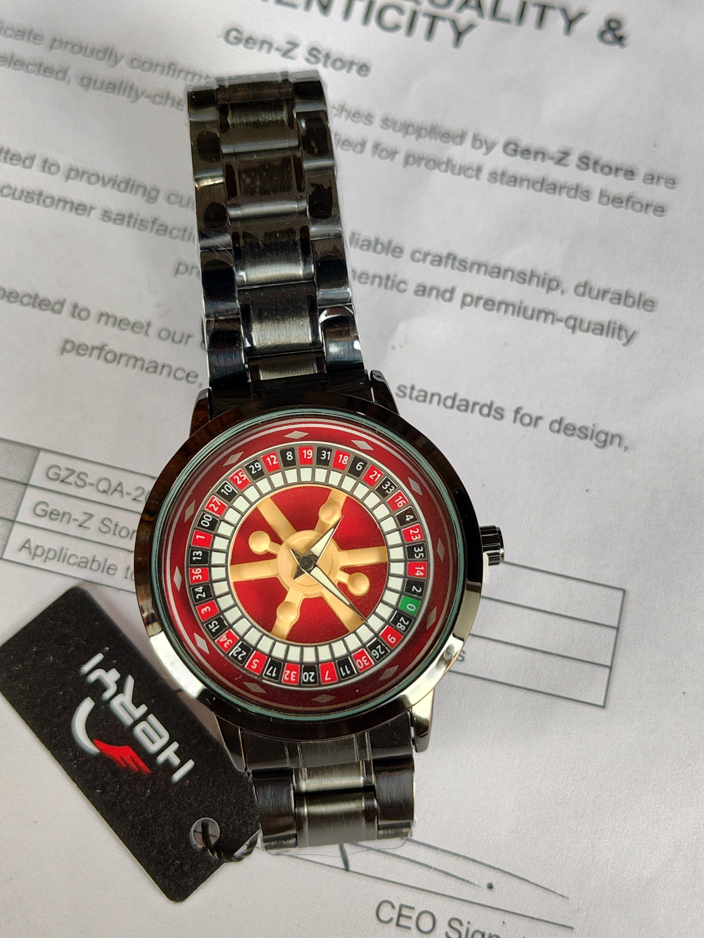 Heryi Roulette Wheel Design Watch – Unique Casino Style Dial with Black Metal Strap